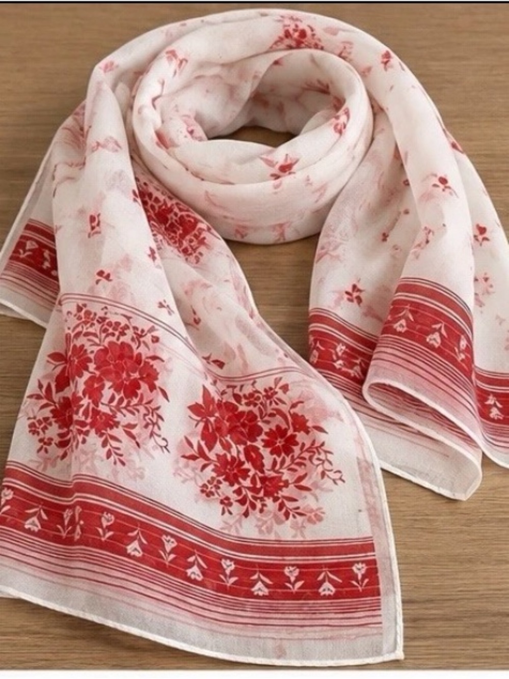 Vintage Red White Floral Long Scarf 43 x 10 Lightweight Sheer Beautiful
